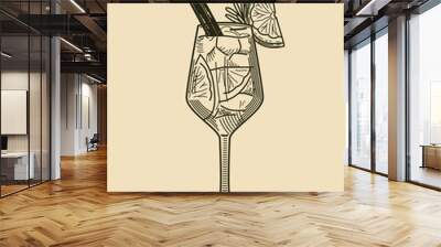 Hand drawn alcoholic cocktail. Retro poster with glass of Italian Aperol Spritz with wine and prosecco. Vintage sketch with delicious beverage. Linear flat vector illustration isolated on background Wall mural