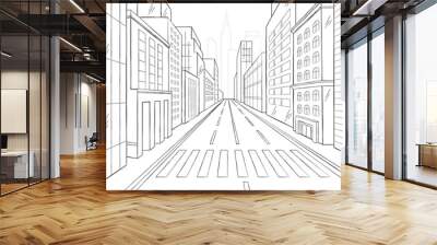 Hand drawn big city street graphic black and white sketch on white background. Concept of architect modern city view concept plan for building. Flat cartoon vector illustration Wall mural