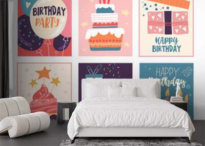 Happy birthday greeting card and party invitation set, vector illustration, hand drawn style. Wall mural