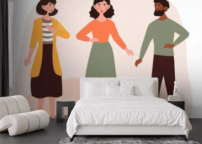 Happy group people. Friends discussing news. People have finally met. Friendly characters stand and chat, dialogue. Gossip, rumors, news. Multiethnic, international. Cartoon flat vector illustration Wall mural