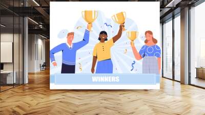 Happy winners concept. Man and women with golden cups and goblets. Team with awards and rewards, prizes. Success and motivation. Winners in competition or tournament. Cartoon flat vector illustration Wall mural