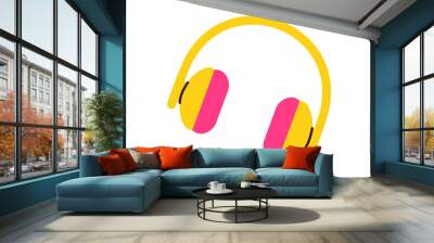 Headphones concept. Pink and yellow earphones. Device for listening to music and songs. Beautiful icon or sticker. Flat vector illustration isolated on white background Wall mural