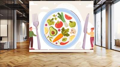 Healthy nutrition concept. Plate with fresh raw vegetables and fruits. Delicious and healthy diet with vitamins and minerals. Products or ingredients for meals. Cartoon flat vector illustration Wall mural