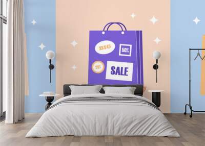 Hold shop bag. Collection of promotional posters for online store or market website. Special offers for regular customers. Gifts, discounts, sales and promotions. Cartoon flat vector illustration Wall mural