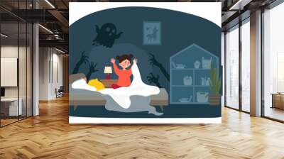 Kid nightmare concept. Little girl sitting on bed surrounded by shadows of hands. Fear and horror, fear of dark. Mental health and psychology. Crying child in bedroom. Cartoon flat vector illustration Wall mural