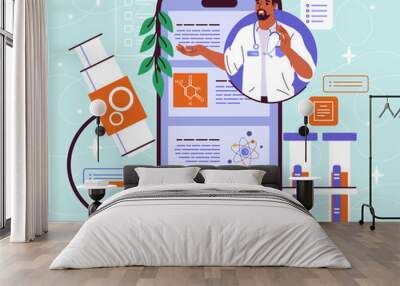 Laboratory research concept. Man in medical uniform with microscope and chemical flasks. Scientific experiment in lab and medical tests. Health check online. Cartoon flat vector illustration Wall mural