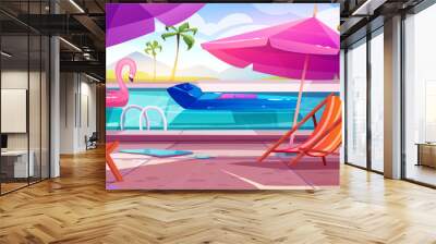 Landscape with swimming pool. Summer holiday banner with sun lounger and beach umbrella, inflatable circles and palm trees. Leisure vacation and relax concept. Cartoon flat vector illustration Wall mural