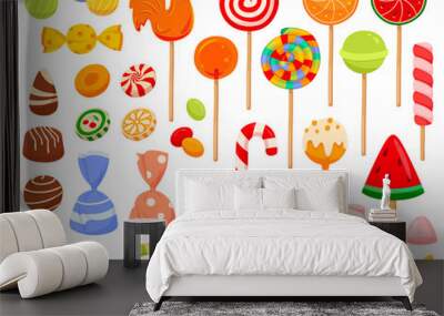 Large set of colorful candy and sweets icons with lollipops, chocolates candy canes and assorted shapes of boiled or jelly sweets, colored vector illustration on white Wall mural