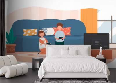 Little children playing video game with gamepads at home. Boy and girl spending time together by the screen. Sister and brother playing together in cozy living room. Flat vector cartoon illustration Wall mural