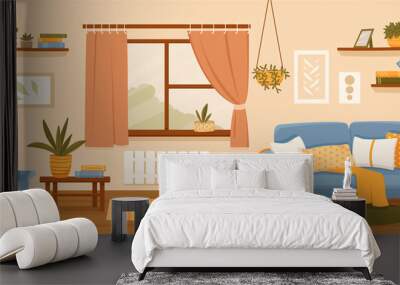 Living room interior decor with couch and chair around a window and decorated walls in a panorama banner, colored vector illustration Wall mural