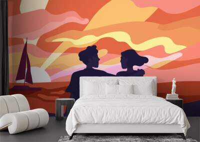 Lovers admire sunset concept. Man and woman sits at beach and watch at sunrise. Romantic meeting and date outdoors. Couple and pair with travel in tropical country. Cartoon flat vector illustration Wall mural