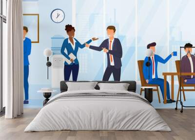 Lunch time concept. Diverse colleagues having break for lunch with coffee and pizza. Happy workers in workplace. People working in office. Corporate culture concept. Flat cartoon vector Illustration Wall mural