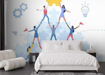 Male and female characters are standing together to form a pyramid. Concept of teamwork achievements, cooperation and collaboration supported by colleagues. Flat cartoon vector illustration Wall mural