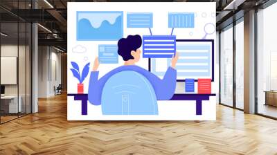 Male character sitting at desk and looking at backlinks Wall mural