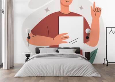 Man holding blank paper concept. Male entrepreneur with document in his hands comes up with new ideas for business and solves problems. Successful employee of company. Cartoon flat vector illustration Wall mural