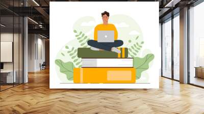 Man learning with laptop. Young guy with portable computer sits on stack of textbooks. Remote education and training. Student doing homework, preparing for test or exam. Cartoon vector illustration Wall mural