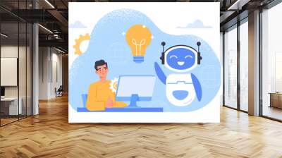 Man with chat bot concept. Innovations and modern technologies. Workplace employee with robot. Machine learning and artificial intelligence, process automation. Cartoon flat vector illustration Wall mural