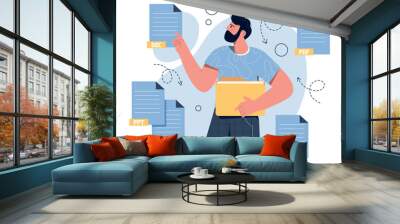 Man with text files. Guy looking for files in electronic archive. Employee of analytical department collects information on Internet. Working with statistics. Cartoon flat vector illustration Wall mural