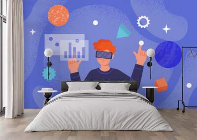 Man with virtual reality concept. Young guy in vr glasses. Metaverse and cyberspace. Teaching and working with statistics. Infographics and data visualization. Cartoon flat vector illustration Wall mural