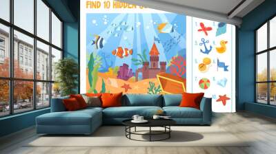 Marine life or underwater life concept. Find 10 hidden objects in the picture. Puzzle Hidden Items. Flat cartoon vector illustration Wall mural