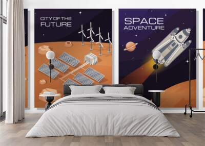 Mars posters set. Collection of graphic elements for website. Astrology and astronomy, science and travel. Rocket and spaceship. Cartoon flat vector illustrations isolated on white background Wall mural