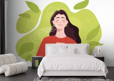 Mental health concept with pretty young woman. Young girl doing breathing exercise. care. Awareness, mindfulness and meditation. Flat vector illustration isolated on white background Wall mural