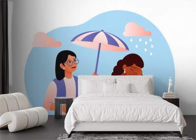 Mental health concept. Girl holds umbrella over her friend, protecting from rain. Rainfall and bad weather. Psychological problems, help and support, sad woman. Cartoon flat vector illustration Wall mural