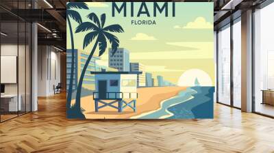 Miami Florida street. Retro poster with Miami beach, american architecture, ocean and silhouette of palm trees. Modern buildings and coastline. Tourism and travel. Cartoon flat vector illustration Wall mural