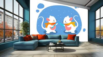 Mice under snow. Two cute animals with icicles in their hands. Picture for printing on childrens clothing. Fictional characters for kids in winter season, snowfall. Cartoon flat vector illustration Wall mural