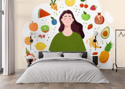 Mindful eating concept. Young woman, surrounded by tasty and healthy vegetables and fruits, sits in lotus position. Healthy daily diet and balanced lifestyle. Cartoon flat vector illustration Wall mural