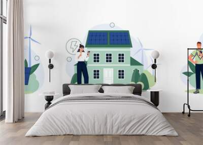 Modern Eco Private House with Solar Energy Panels. Man refuels his electric car with energy using special station. Renewable source of electricity. Cartoon flat vector set isolated on white background Wall mural