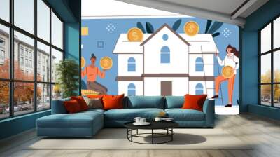 Mortgage process illustration set. Men and women choose house, get bank approval, sign contract, pay bill and receive document of ownership of property. Cartoon flat vector collection of illustrations Wall mural