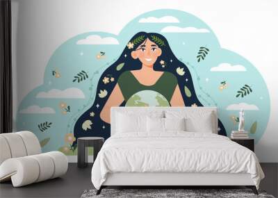 Mother earth concept. Young woman with leaves and plants in her hair embraces planet earth. Conservation of biological diversity. Taking care of nature. Cartoon colorful flat vector illustration Wall mural