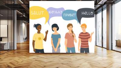 Multiethnic and multiracial relationships concept. Two happy young couples standing together and saying hello in their native languages. Vector illustration Wall mural