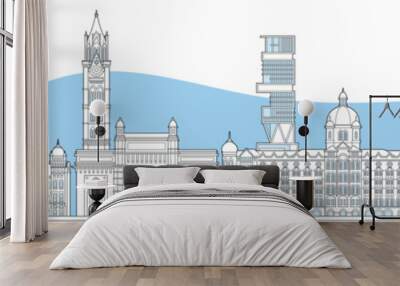 Mumbai cityscape sketch. Horizontal banner with outline architecture and buildings, houses and skyscrapers, monument and attractions. Linear flat vector illustration isolated on white background Wall mural