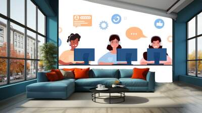 Office operators concept. Girls in headphones sitting at monitors. Support service for modern business. Communication with clients, call center and assistants. Cartoon flat vector illustration Wall mural