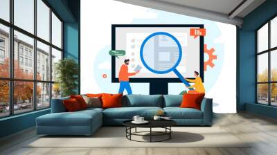 Office workers with monitor. Men with magnifying glass examine monitor. People working on improving design. Graphic elements for site. SEO specialists or programmers. Cartoon flat vector illustration Wall mural