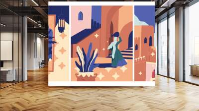 Oriental design of three vector illustrations, with a woman wearing headscarf on the background of a mosque, girl in traditional clothes and traditional Arabian dwelling on the background of the moon Wall mural