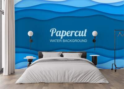 Papercut water background. Poster or banner for website with natural and organic patterns. Place for text, slide for presentation and wallpaper for computer or phone. Cartoon flat vector illustration Wall mural