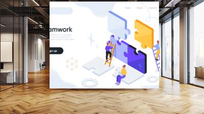 Partnership and Teamwork concept. Team of employees or entrepreneurs connect puzzle pieces and achieve business goals. Design element for website or landing page. Cartoon isometric vector illustration Wall mural