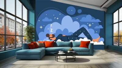 Peaceful sleep concept. Man lies on clouds, metaphor for comfortable bed. Comfort and cosiness in apartment. Rest and recuperation. Fantasy and imagination, dreams. Cartoon flat vector illustration Wall mural