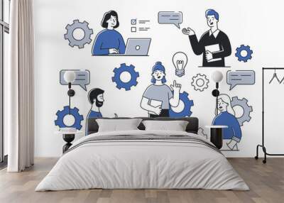 People at online meeting. Men and women communicate and interact. Modern technologies and digital world. Video conference concept. Cartoon flat vector illustrations isolated on white background Wall mural