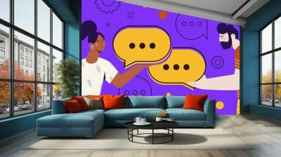 People communicate. Man and woman hold speech bubbles in hands and conversation with each other. Couple talking or discussing something. Dialogue between friends. Cartoon flat vector illustration Wall mural