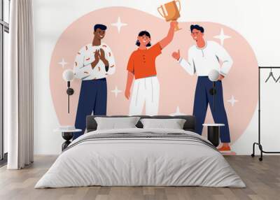 People congratulate their friend. Man and woman present goblet to young man. Achievement and victory, trophy and award. Successful employee, winner in competitions. Cartoon flat vector illustration Wall mural