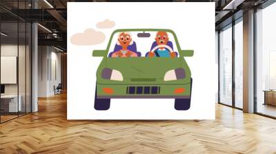 People in car concept. Old man and woman drive in transport. Travel and trip. Holiday and vacation. Graphic element for website. Cartoon flat vector illustration isolated on white background Wall mural