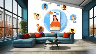 People in social network. Woman on smartphone screen near globe. International communication and interaction. Chatting on internet, online dialogue. Flat vector illustration Wall mural