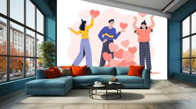 People sharing kidness and caring. Metaphor for kindness and charity, sympathetic and friendly characters. Friends send hearts, care and love to everyone, volunteers. Cartoon flat vector illustration Wall mural