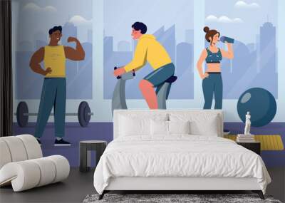 People training at gym. Man on exercise bike next to woman with dumbbell. Muscle strengthening and cardio training, fitness and sport. Active lifestyle and healthcare. Cartoon flat vector illustration Wall mural