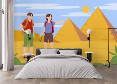 People travel at dessert concept. Man and woman with backpacks stand against backdrop of priramids. Travel and tourism, active lifestyle. Young couple in Egypt. Cartoon flat vector illustration Wall mural