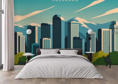 Poster with landscape of Denver, Colorado. Modern cityscape of USA city with skyscrapers of business center, mountains and natural parks. Tourism and travel destinations. Cartoon vector illustration Wall mural